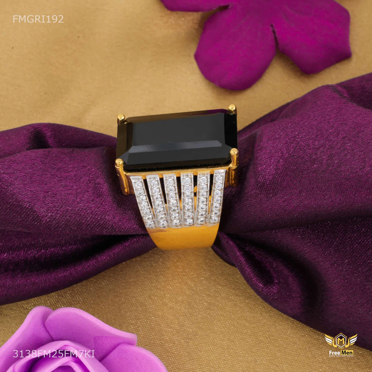 Dinner Party Ornate Accent Broad Black AD with Sini Dimond ring design for men - FMGRI192