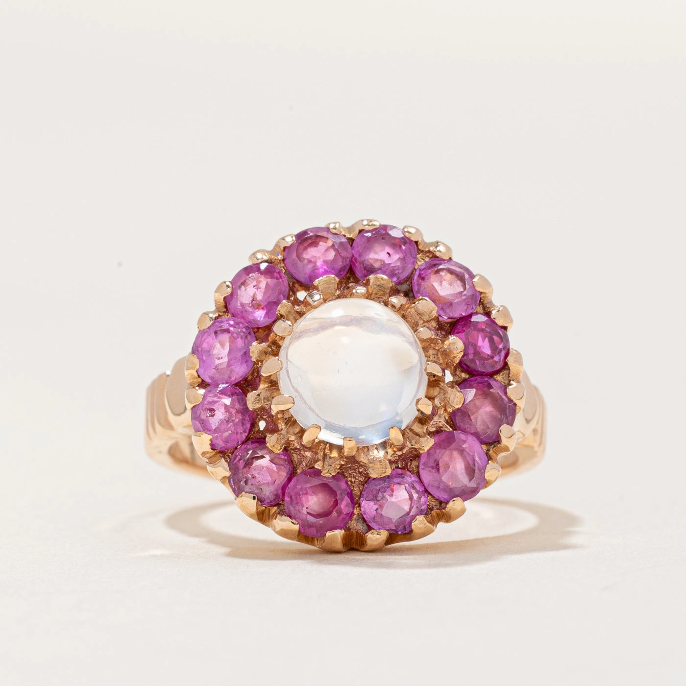 Precious Glow Everyday Luxury Moonstone & Pink Sapphire Halo Ring | 0.90ct, 2.40ctw | SZ 6 |
