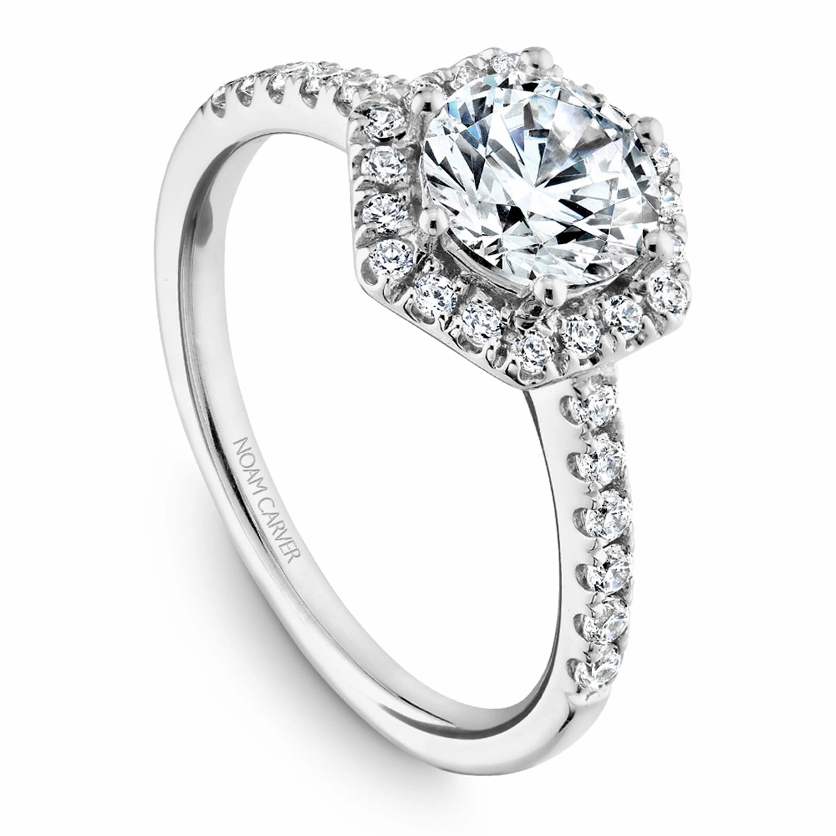 Noam Carver Hexagonal Halo Diamond Engagement Ring Setting in White Gold Elegant Bauble Hypoallergenic Adornment