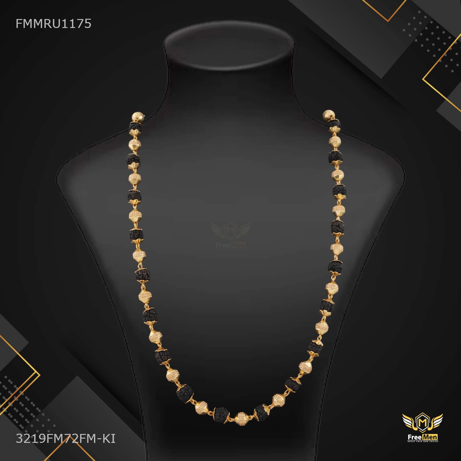 One by One Golden Ball Black Rudraksha mala - FMMRU1175 Everyday Fashion Glamorous touch