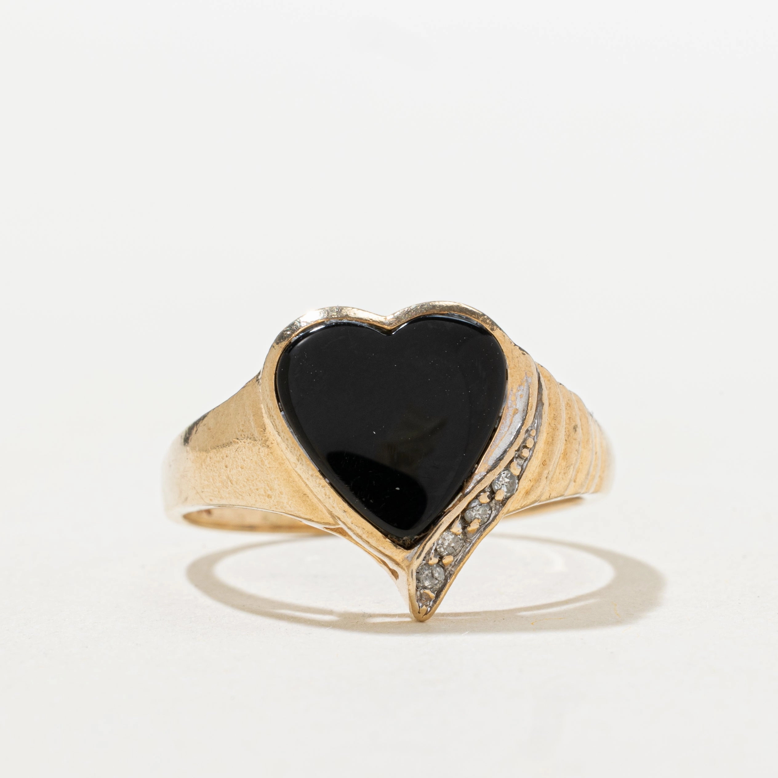 Premium Form Cocktail Hour Onyx & Diamond Heart Grooved Signet Ring | SZ 7.75