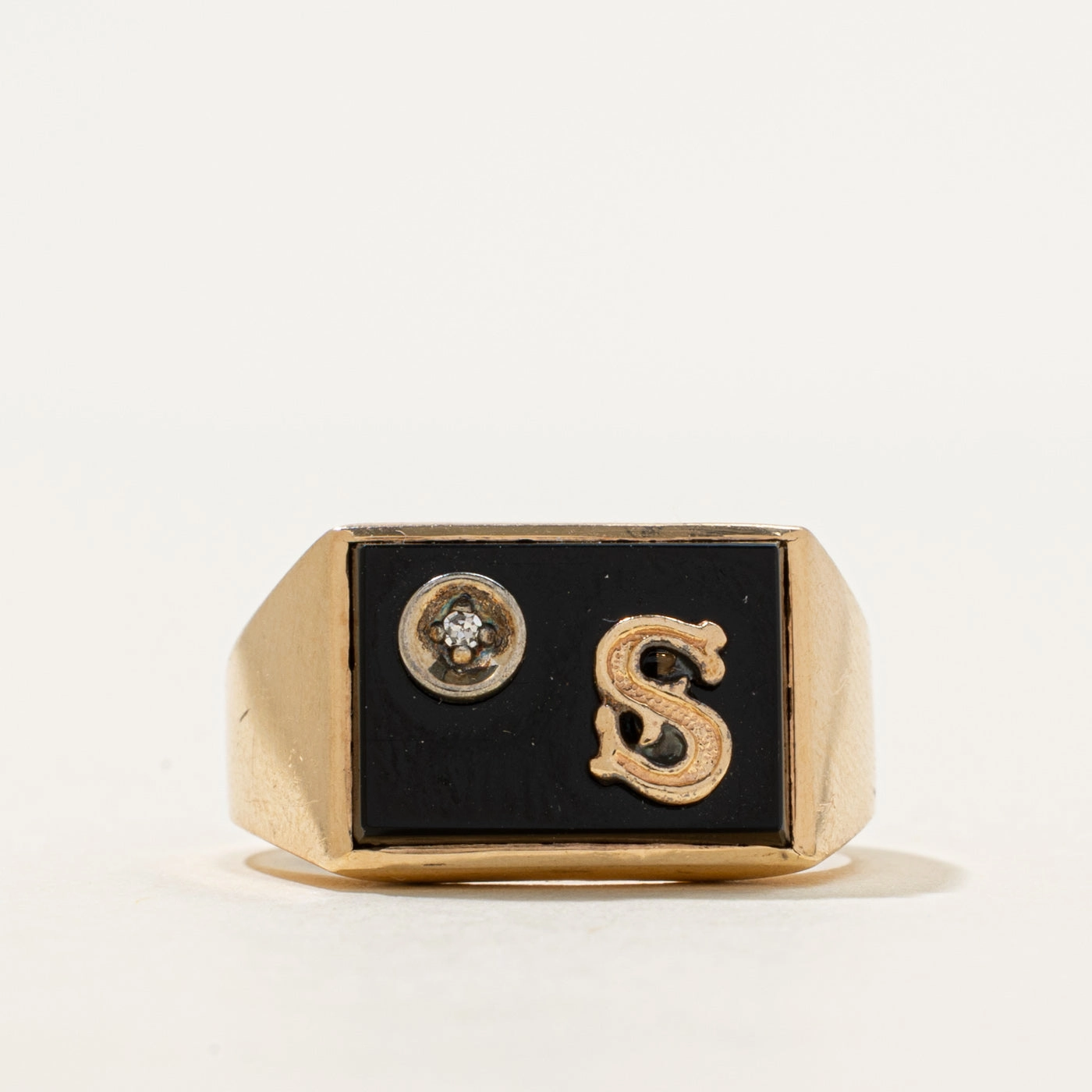 Fine Detailing Layered Look Onyx & Diamond "S" Initial Signet Ring | 2.10ct, 0.005ct | SZ 8