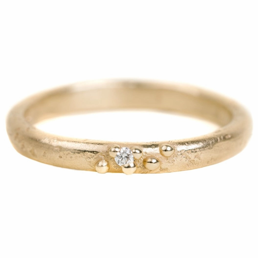 Textured Half Round Wedding Band In Yellow Gold With A Diamond Timeless Statement Artistic Token