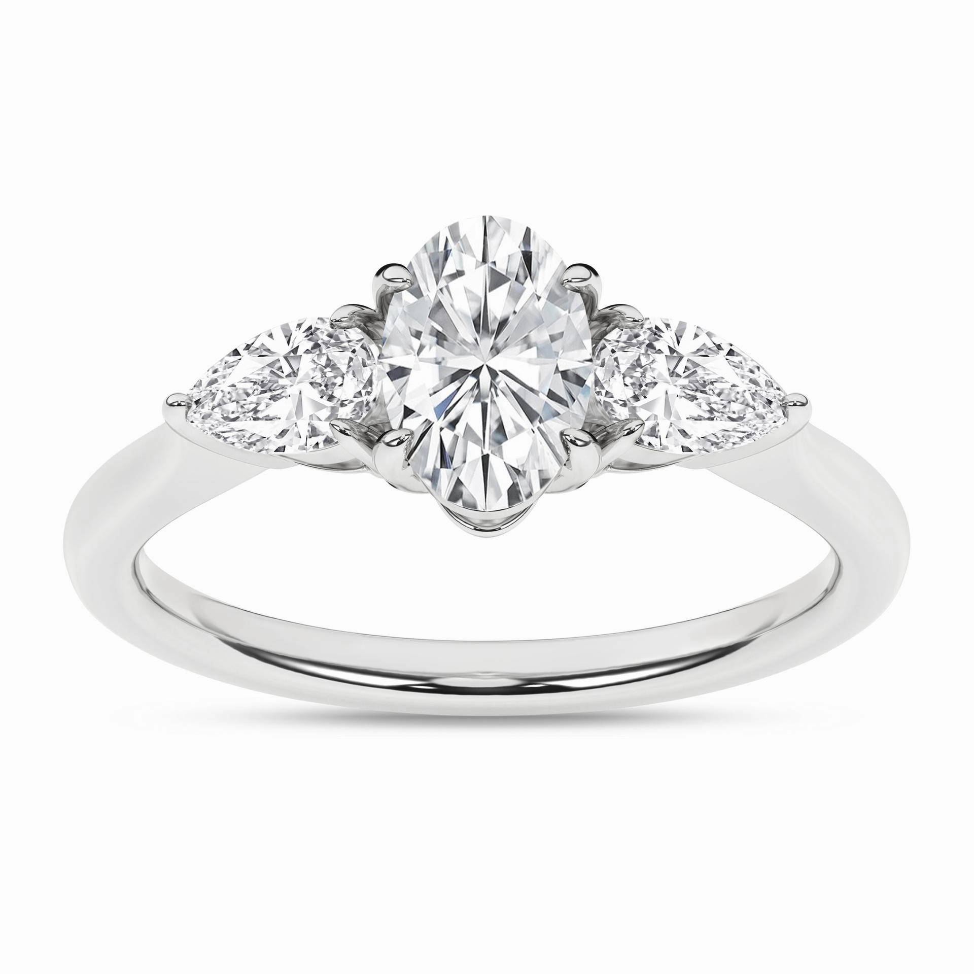 Oval & Pear 3-Stone Lab Grown Diamond Engagement Ring Glossy Look