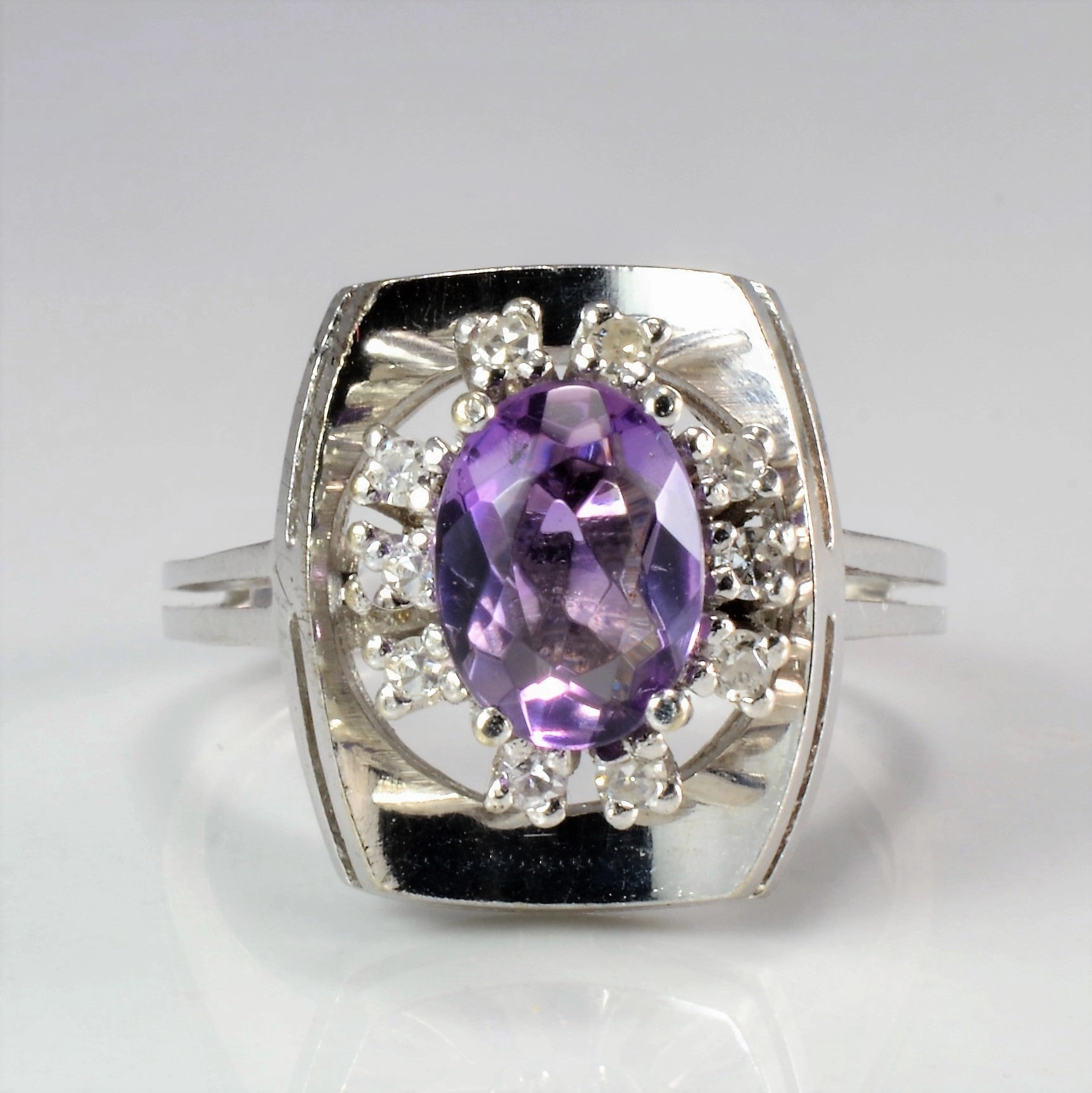 Wedding accessory Oval Cut Amethyst & Diamond Halo Ring | 1.00ct, 0.12ctw | SZ 8