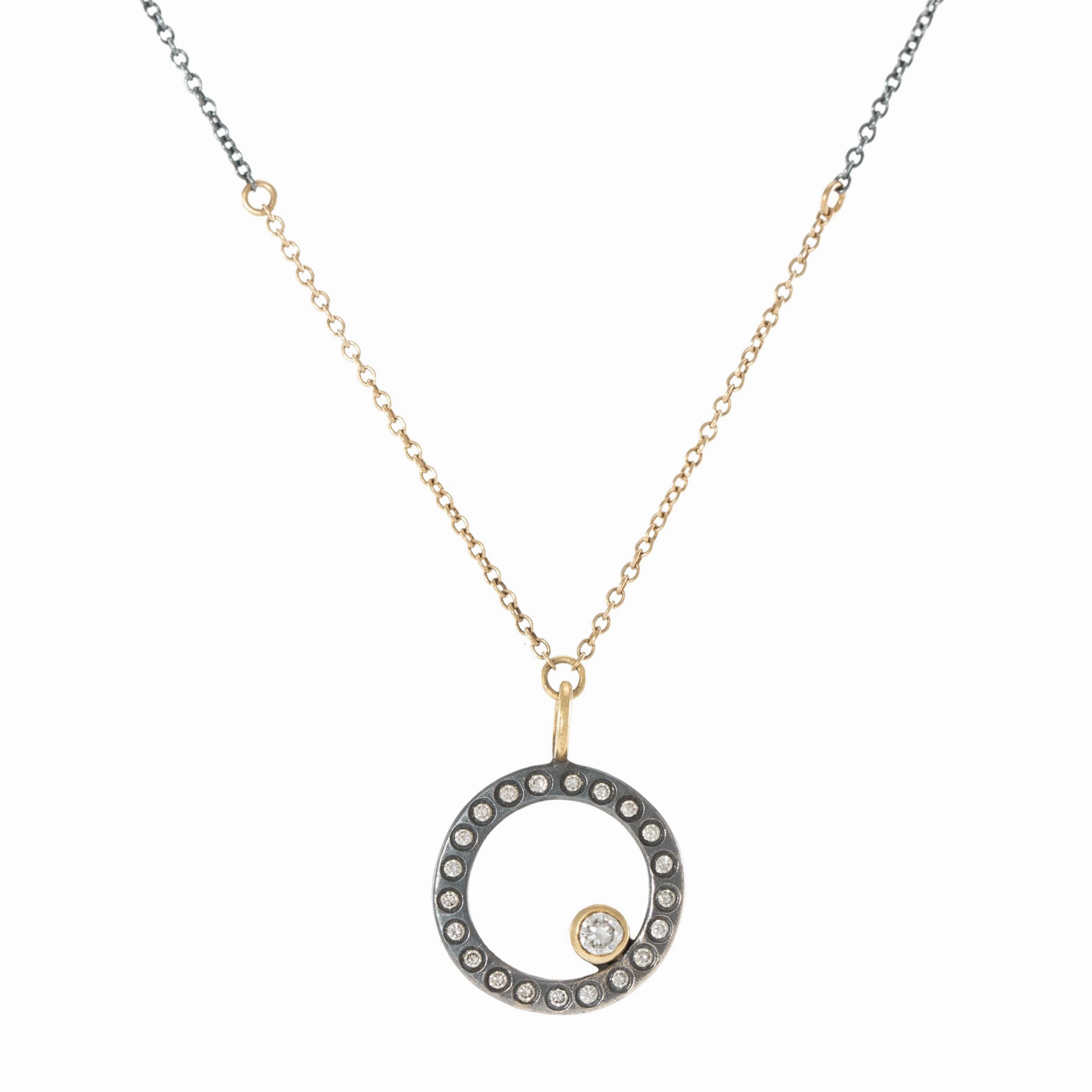Precious Shine Oxidized Silver Everyday Scattered Diamond Pendant on Two-Tone Chain - 14k Gold, Oxidized Silver   VS White Diamonds