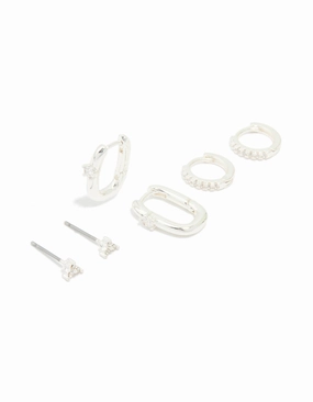 Radiant Statement Silver Cubic Zirconia Rectangle Hoop & Stud Earrings 3-Pack