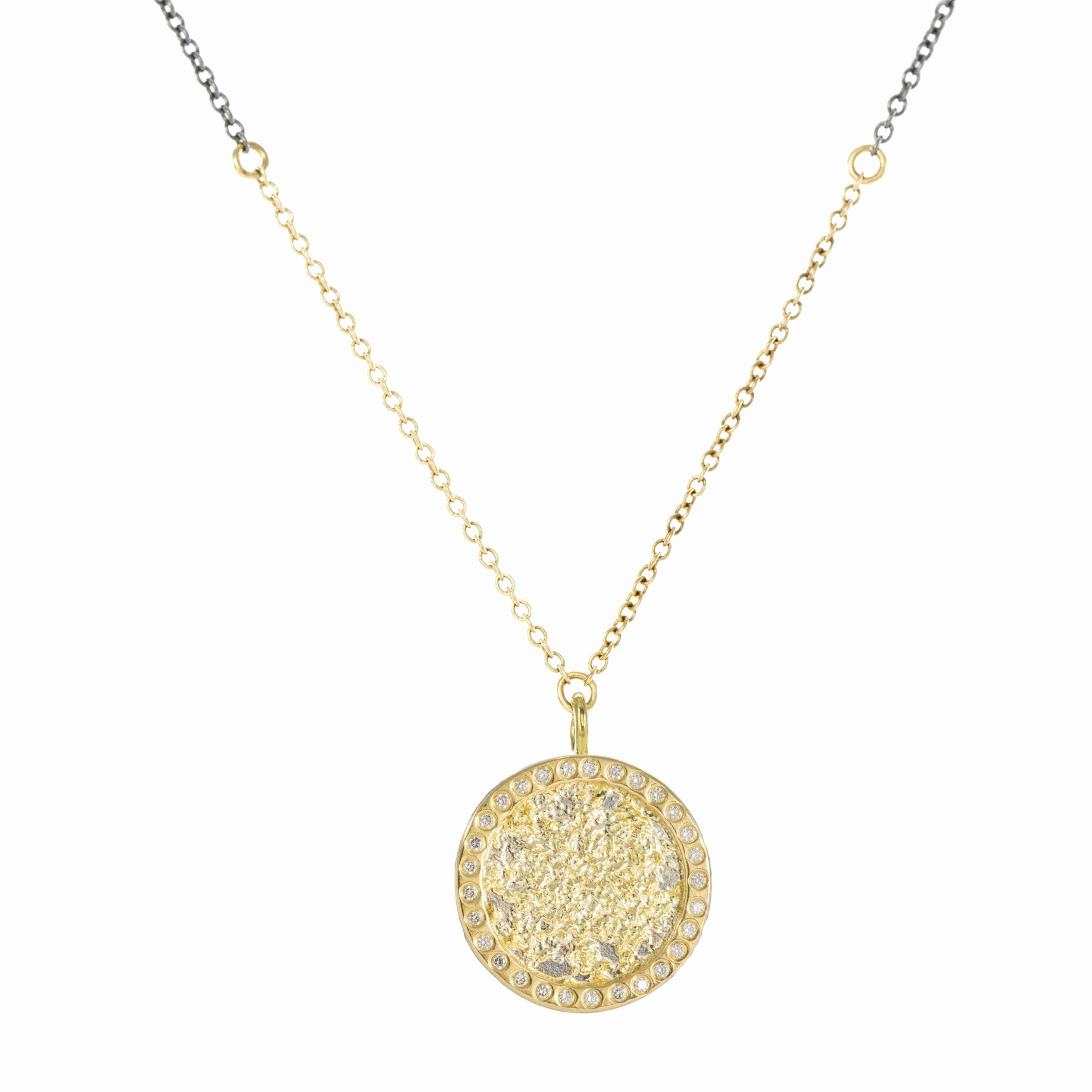 Sophisticated Design Finish Petite Sol Burst Necklace on Two-Tone Chain - 22k/18k/14k Gold, Oxidized Silver   VS White Diamonds