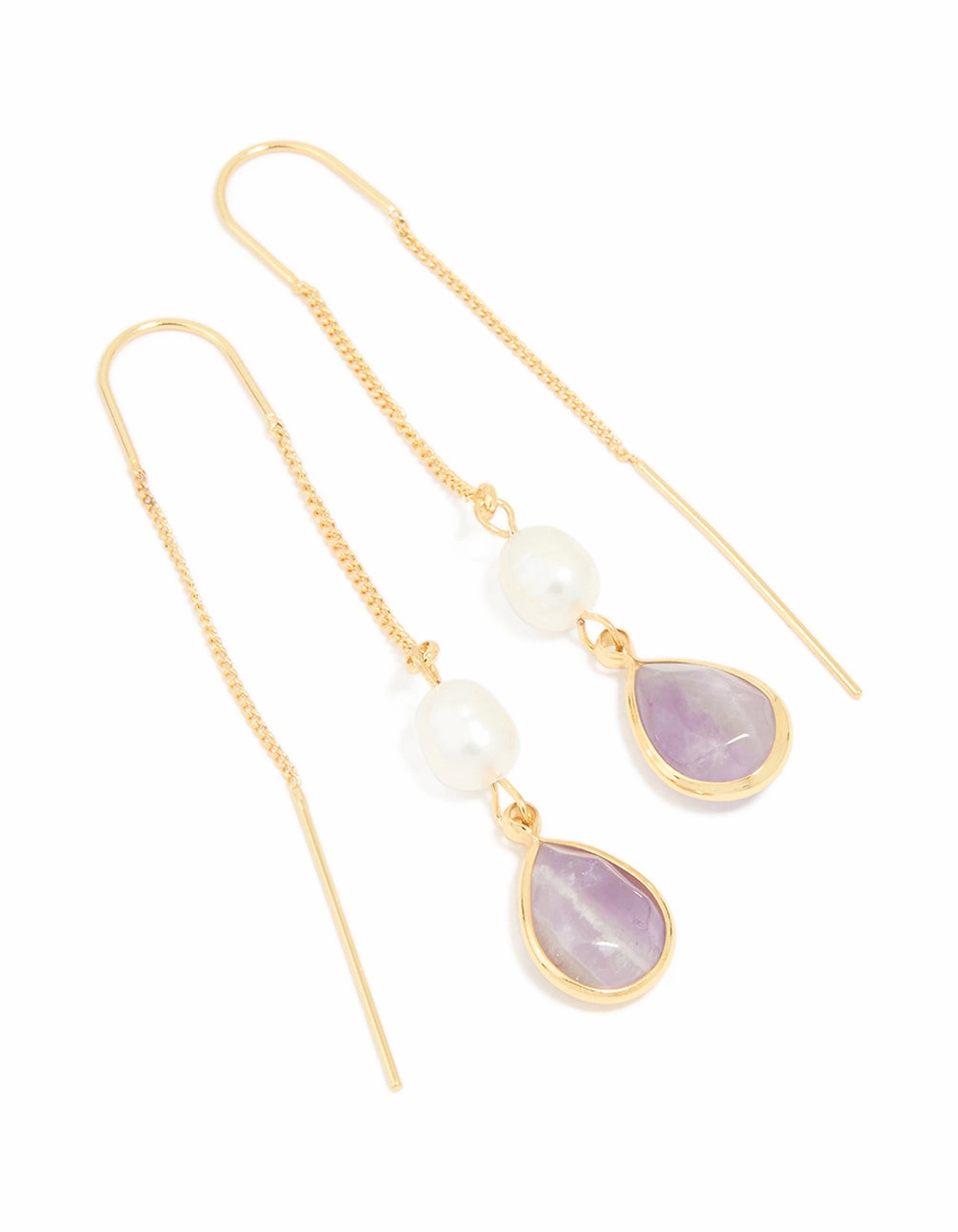 Gold Plated Freshwater Pearl & Amethyst Teardrop Thread Through Earrings Graceful Twist
