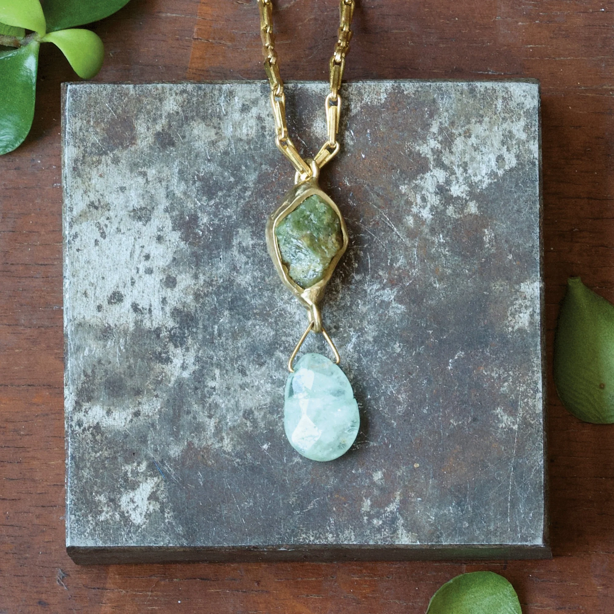 Clean Vibe Custom Accessories Calm Waters Pendant - Brass, Aquamarine   Green Garnet