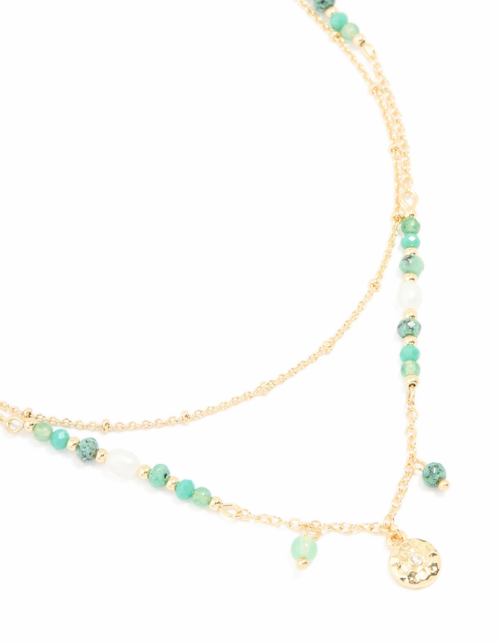 Gold Plated Aqua Beaded Semi Precious Stone & Disc Layered Necklace Dazzling Craft