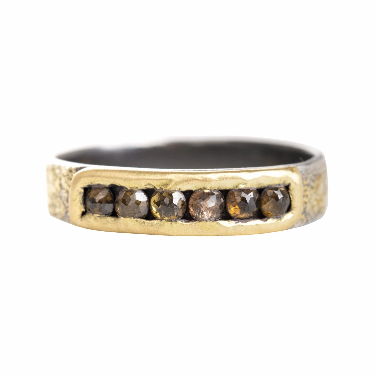 Champagne Black   Gold Channel Ring - 18k Gold, Oxidized Silver   Champagne Diamonds Refined Edge Modern Charm