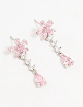 Classic Sparkle Classic Form Silver Plated Pink Cubic Zirconia Flower Teardrop Stud Earrings