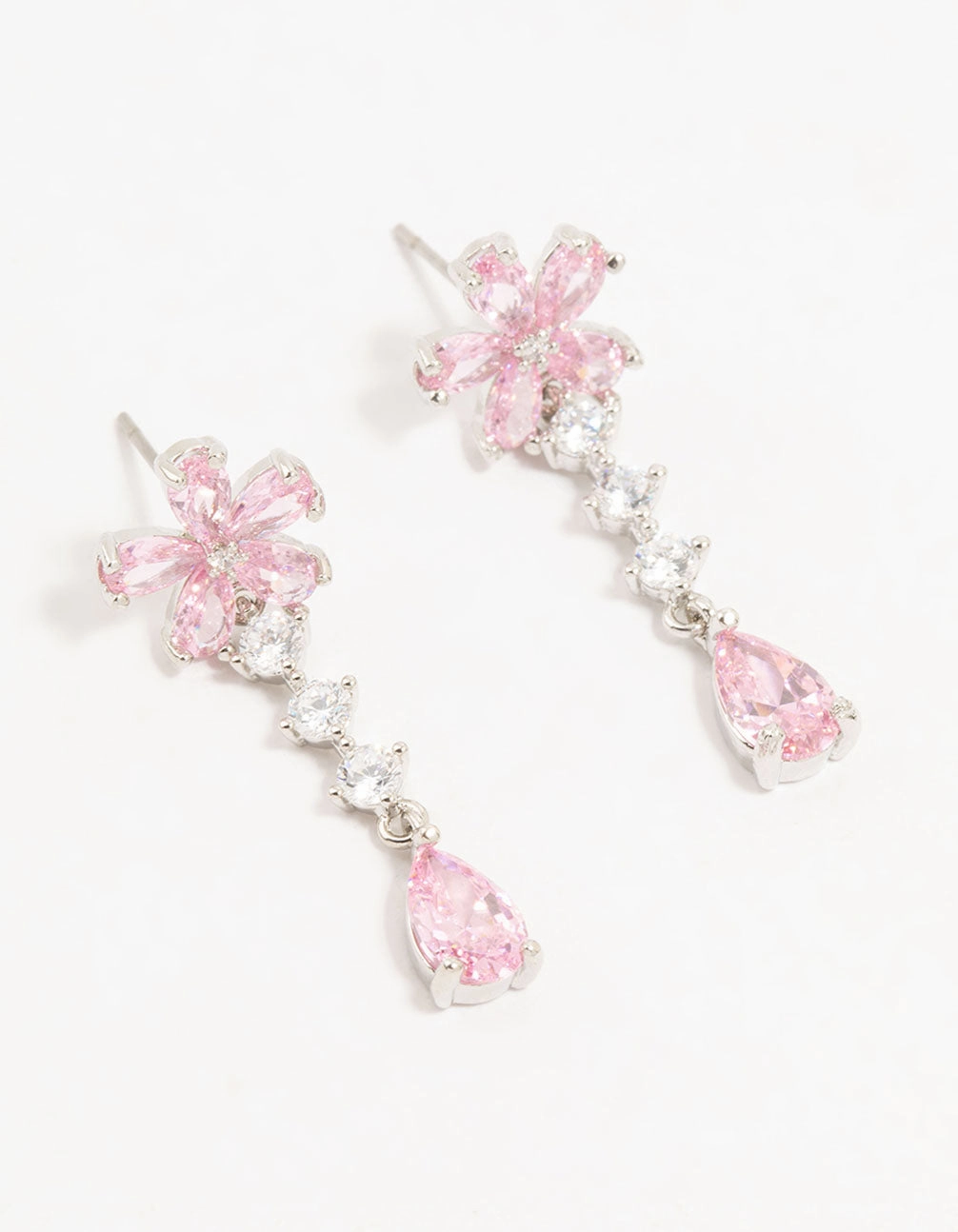 Classic Sparkle Classic Form Silver Plated Pink Cubic Zirconia Flower Teardrop Stud Earrings