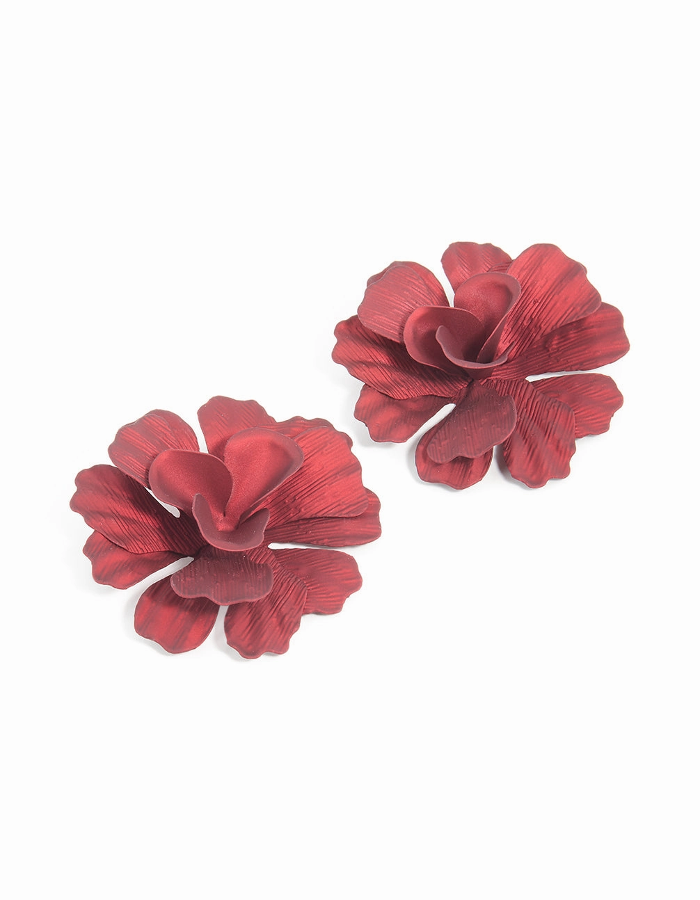Unique Shape Red Coated Metal Textured Flower Large Stud Earrings