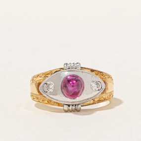 Handcrafted Beauty Retro Natural Ruby Cabochon & Diamond Ring | 1.25ct, 0.06ctw | SZ 4.75 |