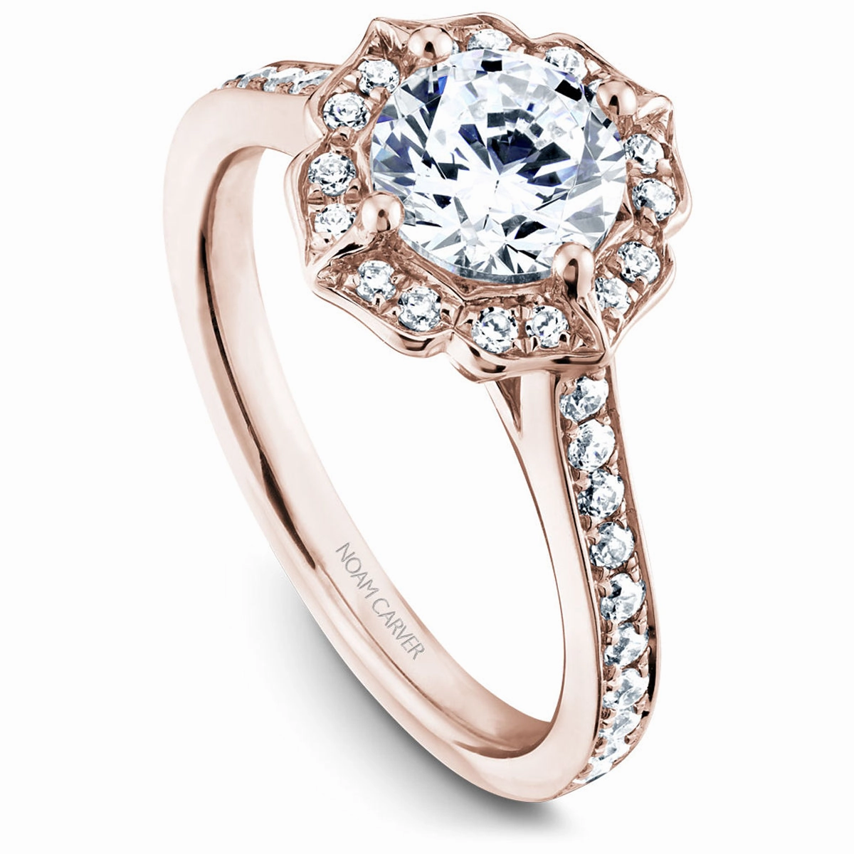 Noam Carver Floral Halo Engagement Ring Setting in Rose Gold Unique Embellishment
