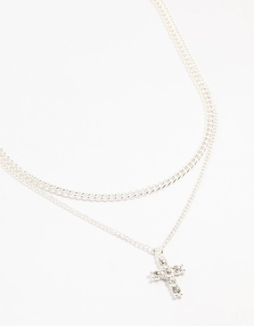 Silver Plated Diamante Cross Layered Curbchain Necklace Graceful Accessory Vibrant Feel