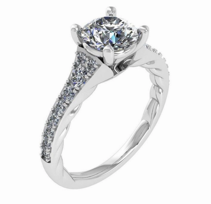 Round Center Side Stone Diamond Engagement Ring Setting in 14K White Gold (.38ctw) Matching Pair