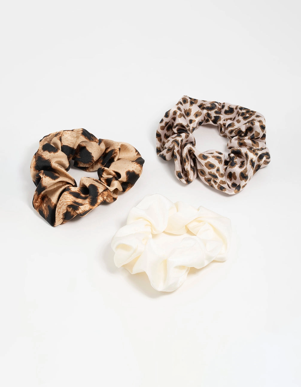 Handcrafted Feature Timeless Grace Satin Fabric Leopard Print & Cream Scrunchies 3-Pack