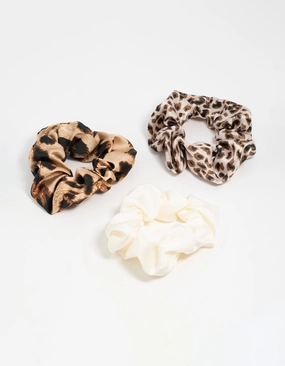 Handcrafted Feature Timeless Grace Satin Fabric Leopard Print & Cream Scrunchies 3-Pack