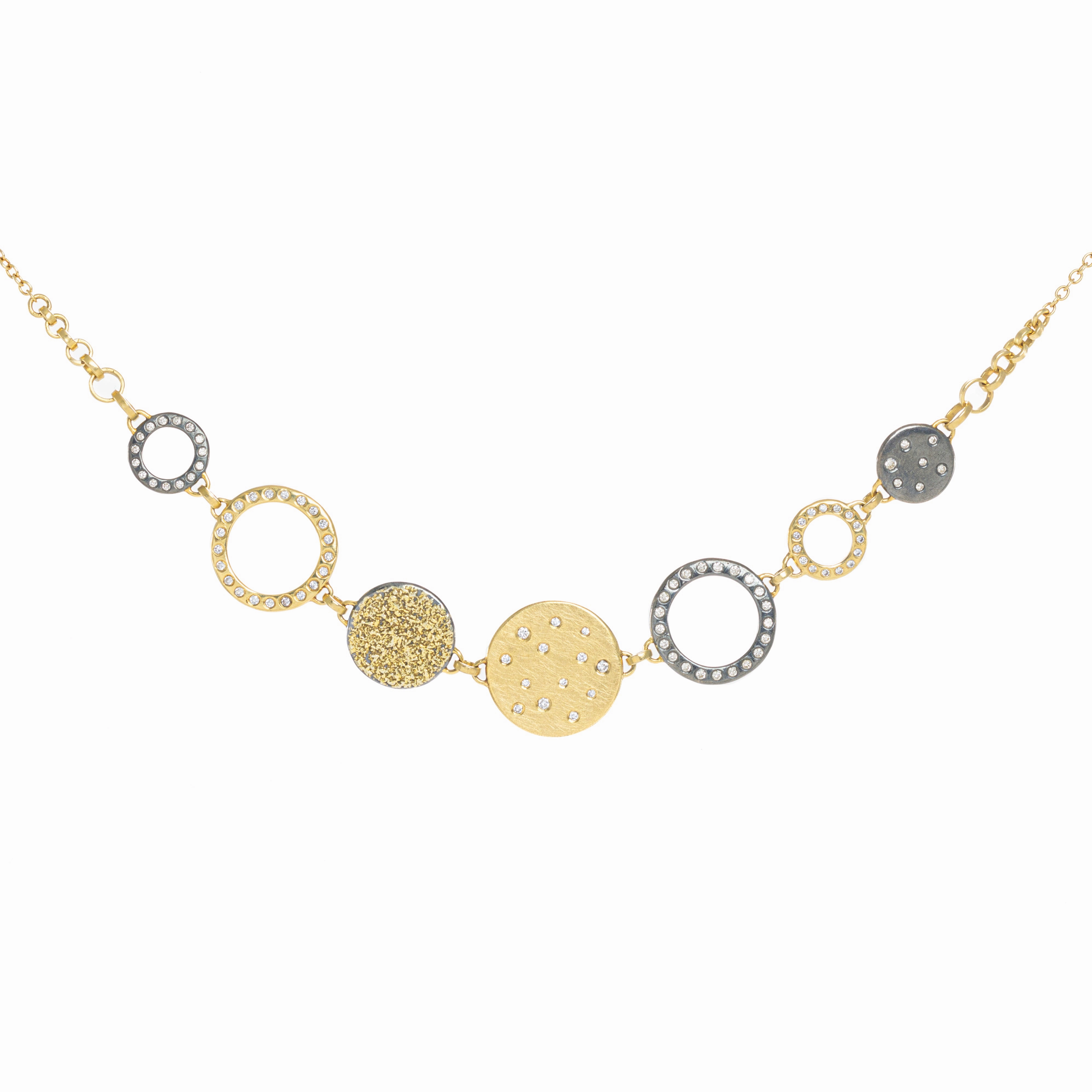 Formal Style Subtle Finish Scattered Diamond Statement Necklace  - 22k/18k Gold, Oxidized Silver   VS Diamonds