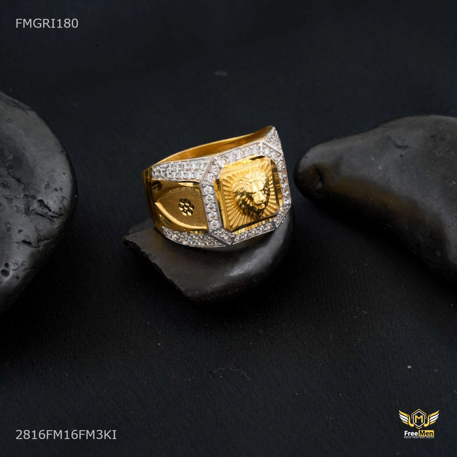 Trendy Spark Sparkling finish Lion Face with AD 1gm Gold plated ring design for men - FMGRI180