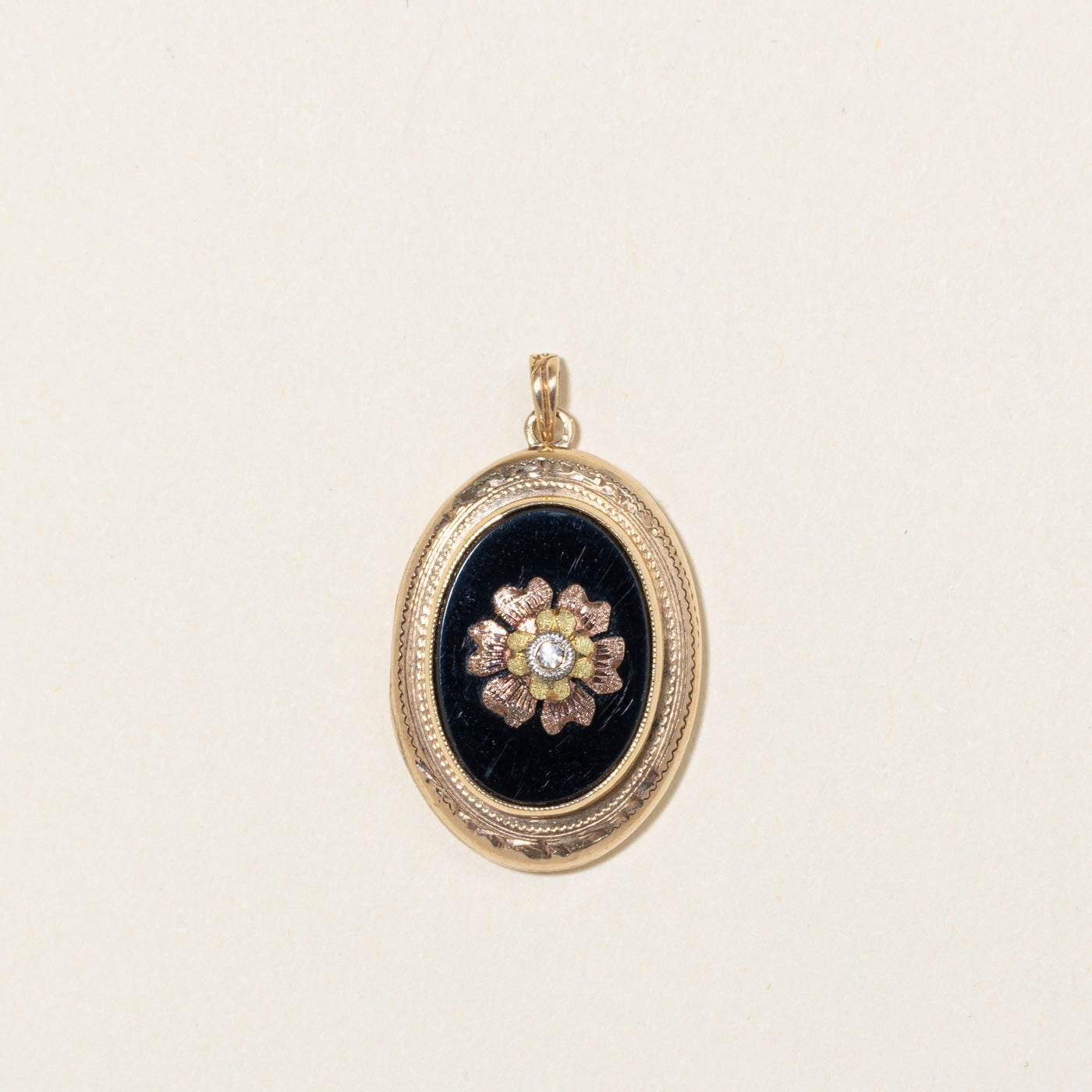 Unique Gem Shining Craft Bezel Set Onyx & Diamond Engraved Flower Locket | 4.00ct, 0.01ct