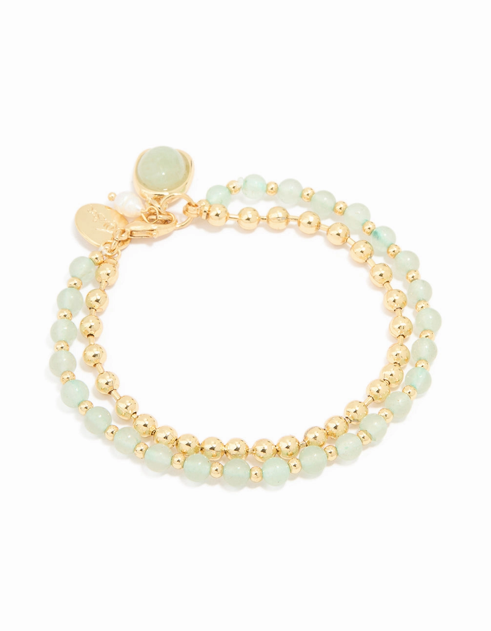 Accent Style Soft Features Gold Plated Green Semi Precious Stone Pearl & Ball Charm Layered Bracelet