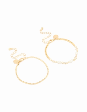 Gold Plated Freshwater Pearl Cubic Zirconia & Chain Bracelets 2-Pack Custom Shine Design Fresh Design