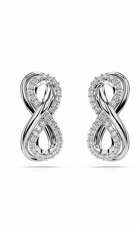 Layered Design Delicate Flash Swarovski Hyperbola stud earrings Infinity, White, Rhodium plated