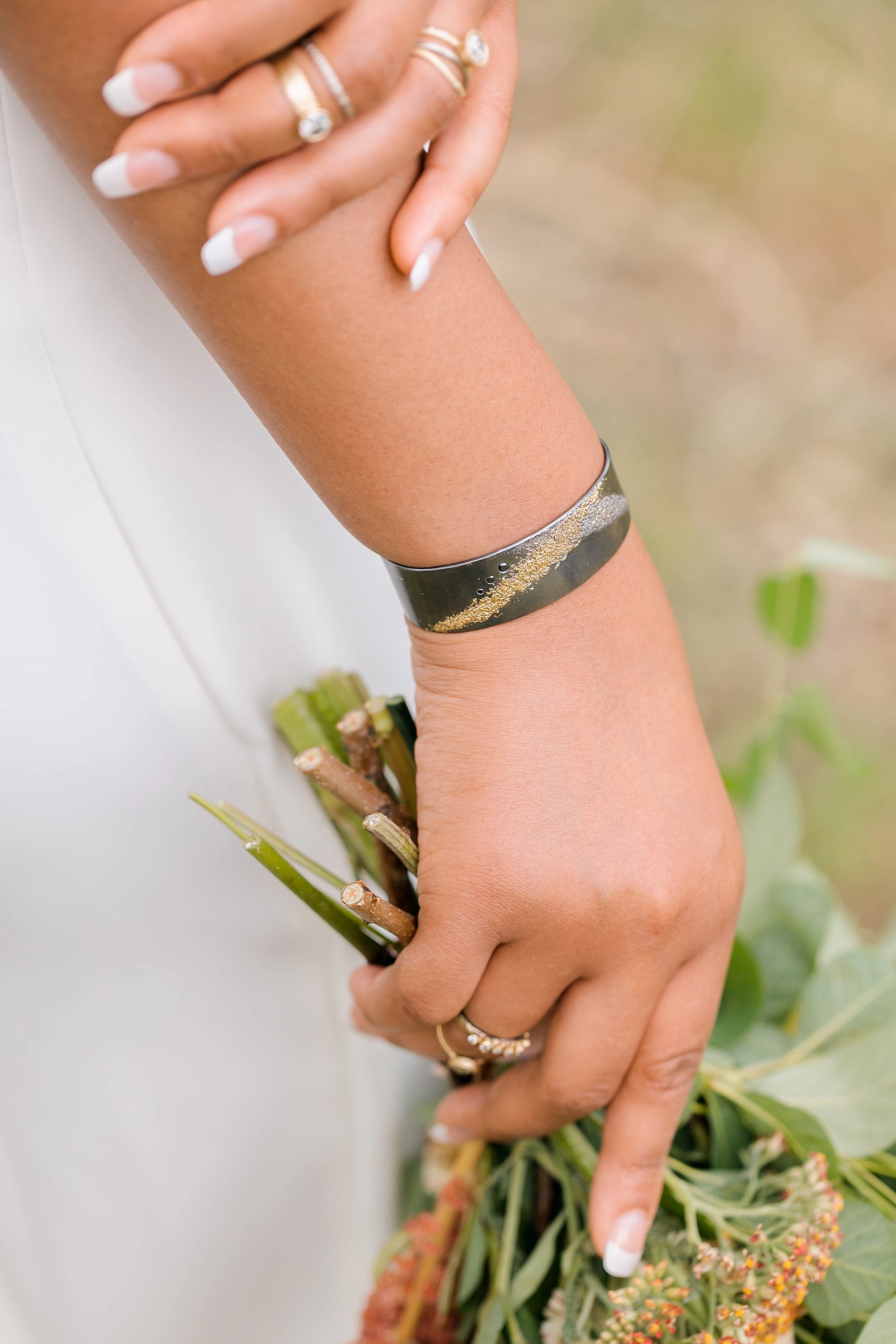 Day To Day Modern Flow Silver   Gold Slice Cuff - Narrow - 22k Gold, Oxidized Silver   Black Diamonds