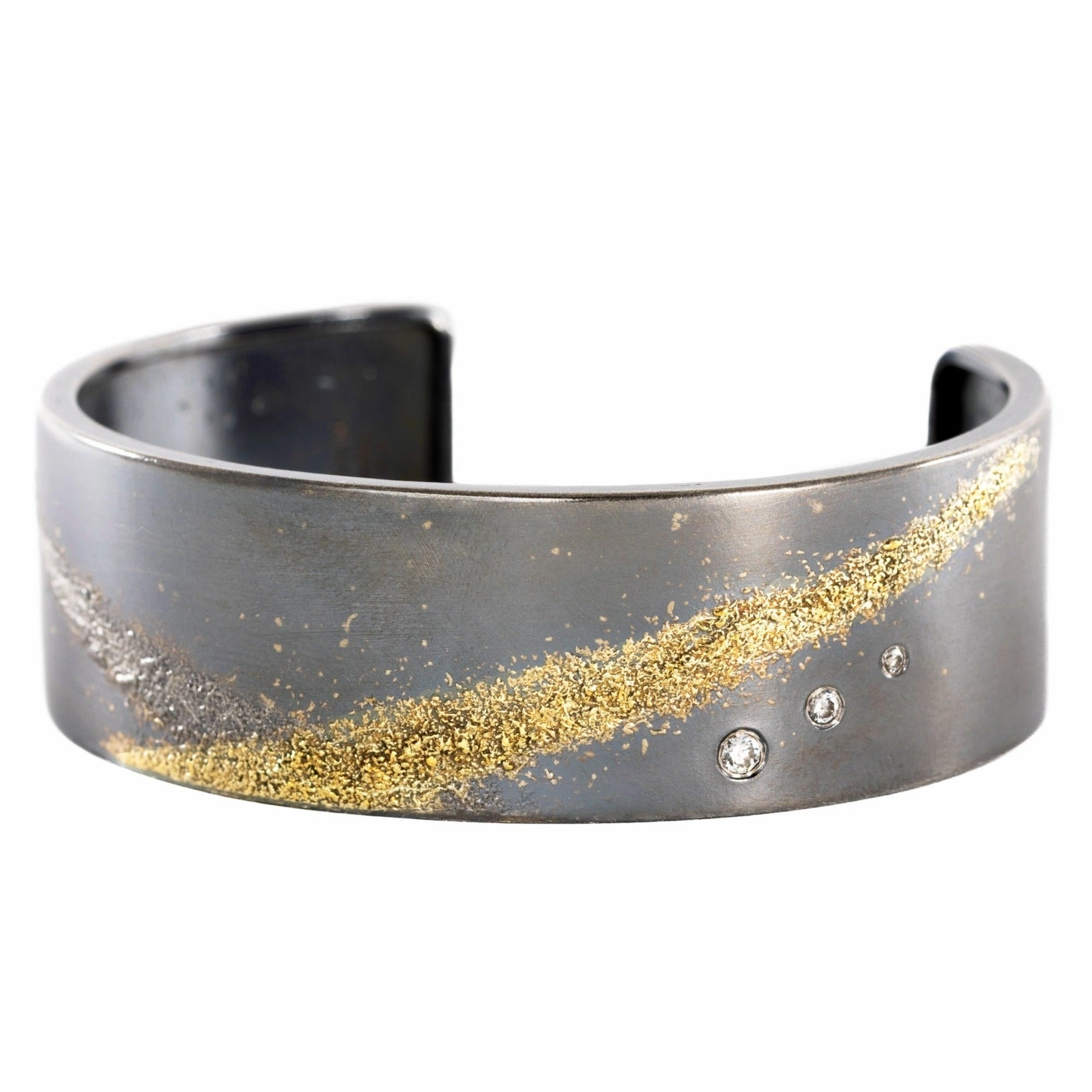 Muted Glow Petite Edge Silver   Gold Slice Cuff - Narrow - 22k Gold, Oxidized Silver   Black Diamonds