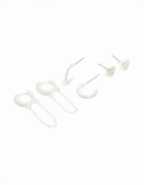 Chic Fit Silver Diamante Heart Hoop & Chain Earrings 3-Pack