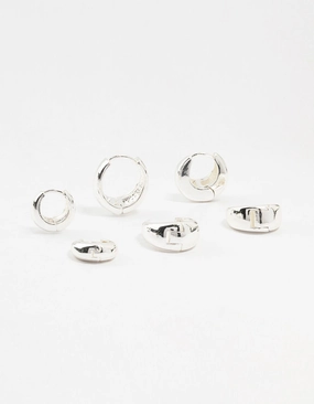 Delicate Pair Glam Edge Silver Plated Brass  Chunky Mixed Hoop Earrings 3-Pack