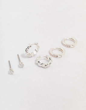 Seasonal accessory Silver Plated Brass  Classic Cubic Zirconia Earring 3-Pack