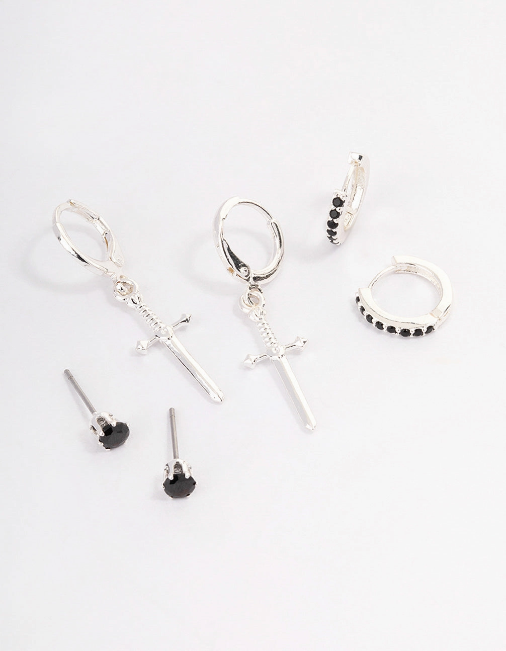 Silver Plated Brass  Cubic Zirconia Dagger Huggie Earrings Pack Opulent Touch Daytime Look