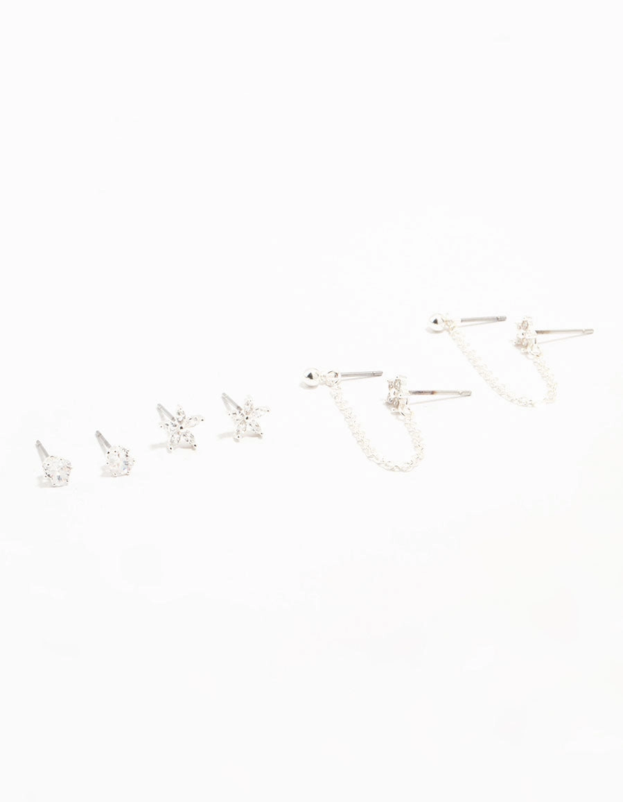 Silver Plated Brass  Flower & Chain Earrings 3-Pack Weekend Outfit Vogue Touch