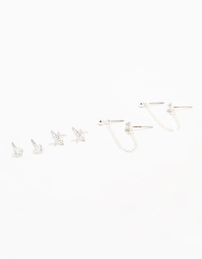 Silver Plated Brass  Flower & Chain Earrings 3-Pack Weekend Outfit Vogue Touch