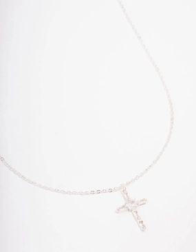 Silver Plated Cubic Zirconia Baguette Cross Pendant Necklace Luxe Shine Dreamy Look