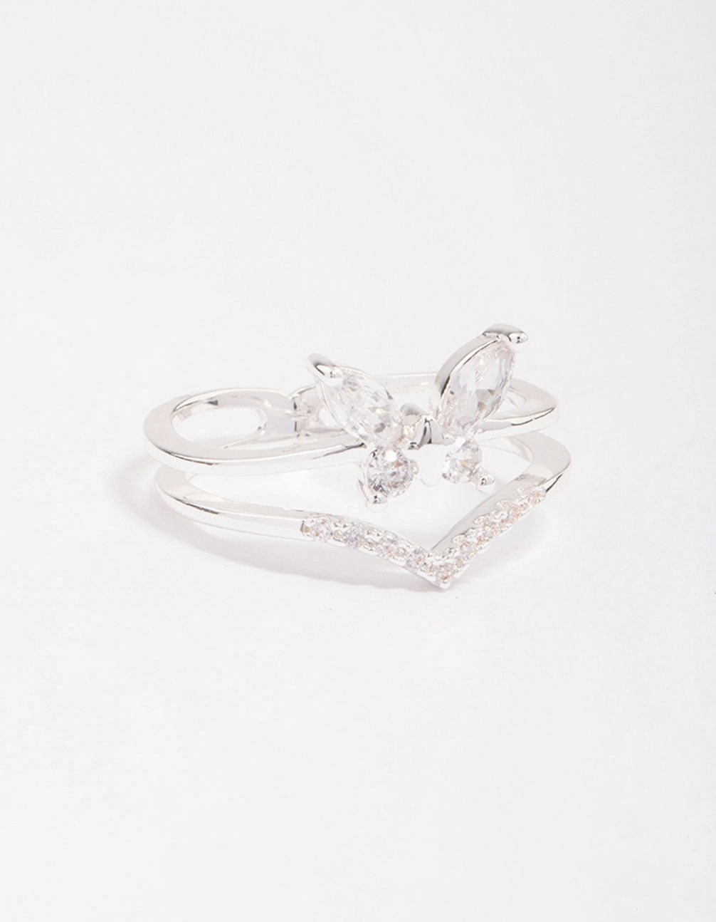 Romantic Gesture Iconic Feature Silver Plated Cubic Zirconia Butterfly Double Band Ring