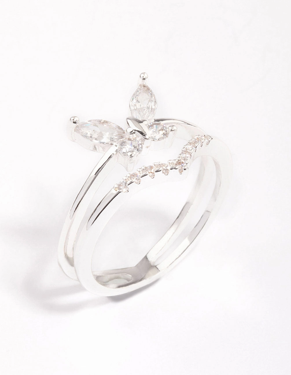 Silver Plated Cubic Zirconia Butterfly Double Band Ring Sculpted Detail