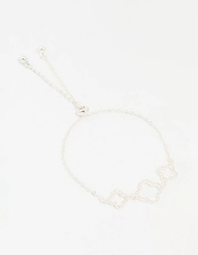 Silver Plated Cubic Zirconia Outline Triple Flower Toggle Bracelet Luxury piece Luxurious Touch