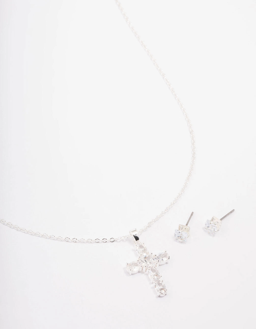 Quiet Luxury Elegant Glow Silver Plated Cubic Zirconia Square Cross Pendant Necklace & Stud Earring Set