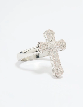 Silver Plated Cubic Zirconia Statement Cross Ring Layered Combo