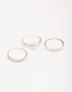 Distinctive Look Silver Plated Cubic Zirconia Teardrop Stone Ring Pack