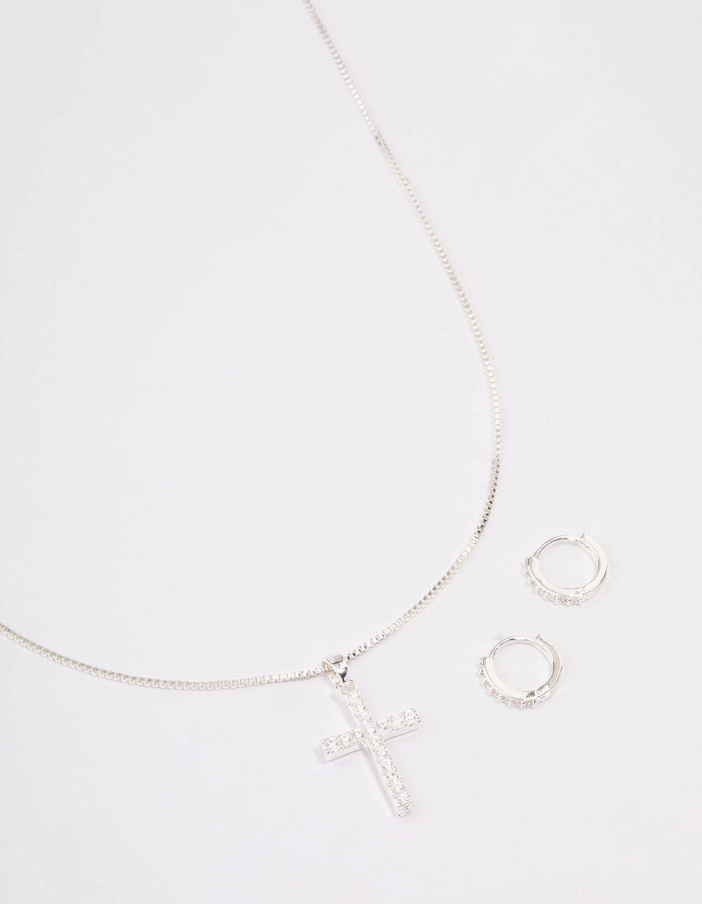 Silver Plated Diamante Cross Necklace & Huggie Earrings Jewellery Set Statement Style Vivid Sparkle