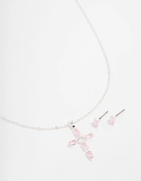 Beach Vibes Vibrant Jewelry Design Silver Plated Diamante Cross Necklace & Stud Earrings Set