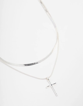 Silver Plated Plain Cross Snake Necklace 2-Pack Opulent Design Bright Highlight