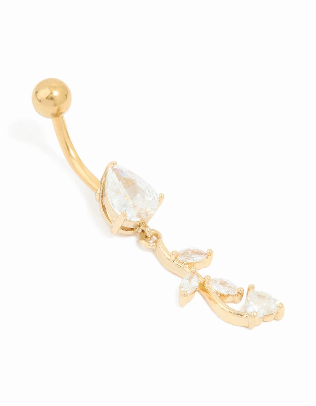 Statement Style Finishing Feature Gold Plated Surgical Steel Cubic Zirconia Pear Leaf Drop Belly Bar